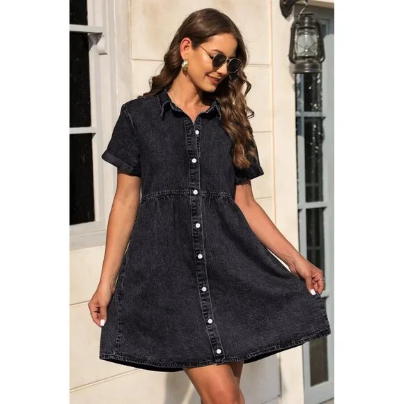 Women’s Denim Dress Cotton Blend Short Sleeve Pockets Babydoll Casual - Picture 2 of 6